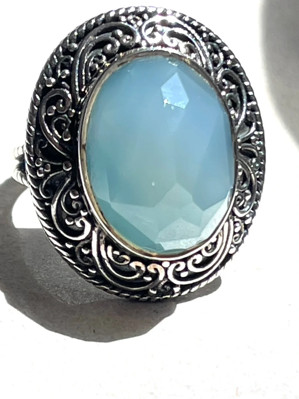 Vintage Sajen Ornate Sky Blue Quartz Faceted Statement Ring 925 Sterling 7
